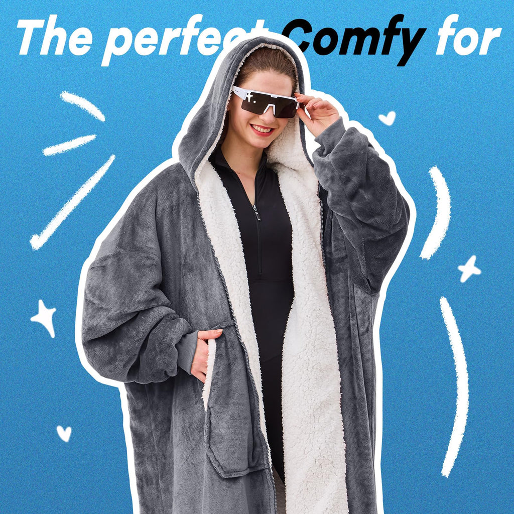 JOYWOO Oversized Wearable Blanket Hoodie, Long Hooded Blanket for Adult, Birthday Christmas Gifts for Women Men, Cozy Sherpa Sweatshirt Blanket with Giant Pocke Zipper and Winter Gifts,Grey
