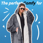 JOYWOO Oversized Wearable Blanket Hoodie, Long Hooded Blanket for Adult, Birthday Christmas Gifts for Women Men, Cozy Sherpa Sweatshirt Blanket with Giant Pocke Zipper and Winter Gifts,Grey