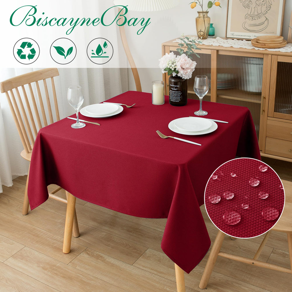 Biscaynebay Textured Fabric Christmas Square Table Cloth 70x70 Inch, Red Water Resistant Spill Proof Tablecloths for Dining, Kitchen, Wedding and Parties, Machine Washable
