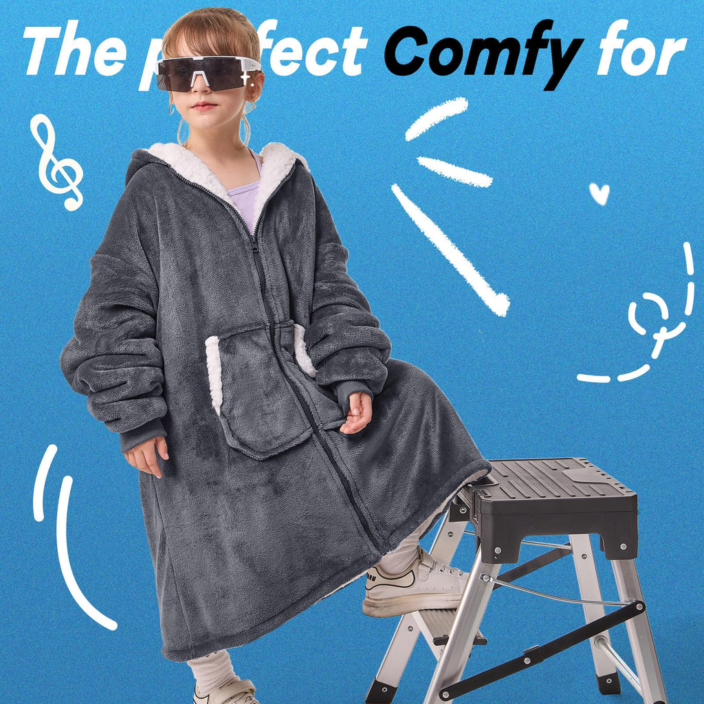 JOYWOO Kids Wearable Blanket Hoodie, Oversized Sherpa Hooded Blanket Birthday Christmas Gifts for Girl Boy, Cozy Sweatshirt Blanket with Giant Pocket and Zipper, Gray