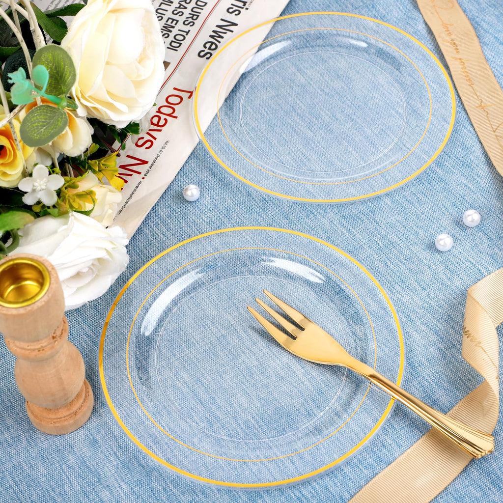 DaYammi 240 Pcs Gold Dessert Plates Set Includes 120 Gold Disposable Salad Plates 6.5" 120 Gold Plastic Forks 5.7",Clear Gold Rim Cake Plates,Fancy Gold Appetizer Plates for Party and Wedding