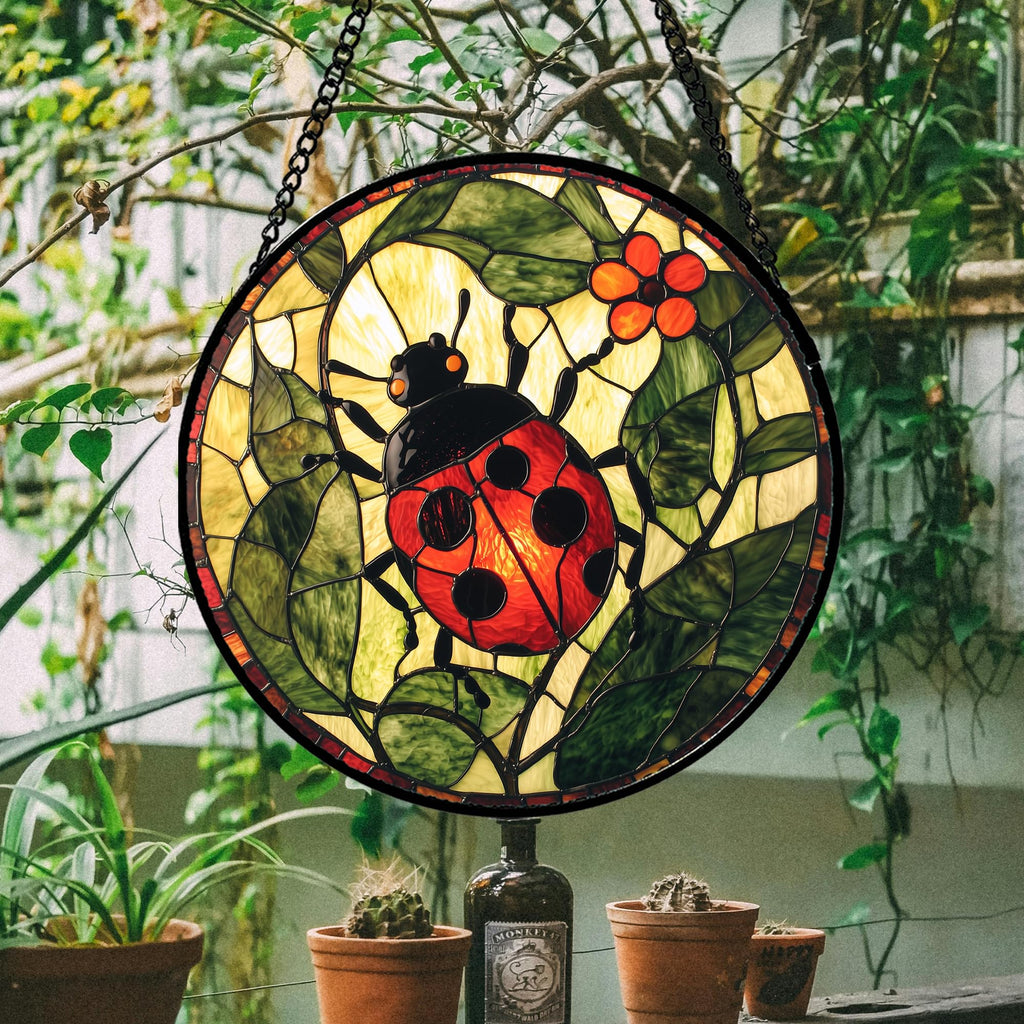AMDERVEN Stained Glass Window Hanging - Red Ladybug Green Plant Flower Sun Catcher for Door Home Decor Insect Suncatcher Christmas Mother's Day Birthday Gifts for Women Men Mom Nana 6.3 in