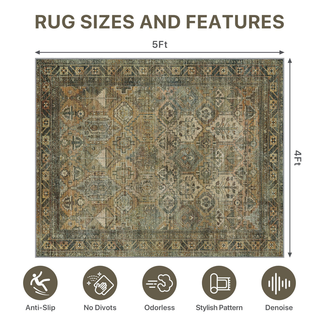 48"x60" Office Chair Mat for Hardwood Tile Floor, Under Desk Carpet Protector for Rolling Computer Chair Mat, Machine Washable Area Rug, Anti-Slip 1/5" Thick Low Pile Thin Vinyl Floor Mat, Sepia