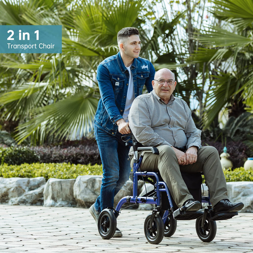 ELENKER All-Terrain 2 in 1 Rollator Walker & Transport Chair, Folding Wheelchair with All 10” Wheels for Seniors, Reversible Backrest & Detachable Footrests (Blue)