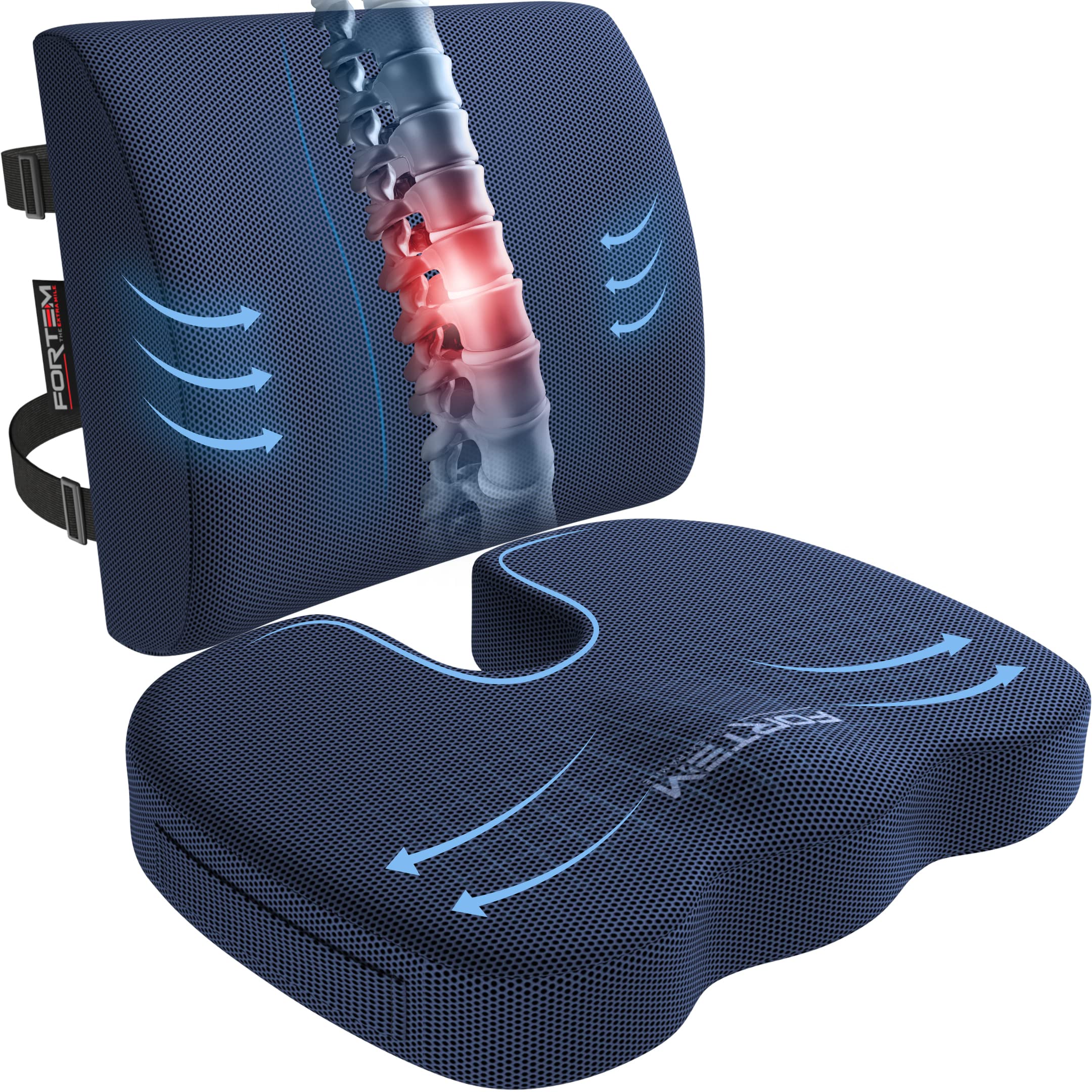 FORTEM Office Chair Cushion and Back Support for Office Chair, Lumbar Support Pillow, Memory Foam, Non Slip Sitting and Back Rest for Gaming, Car Seat Cushion, Chair Pad