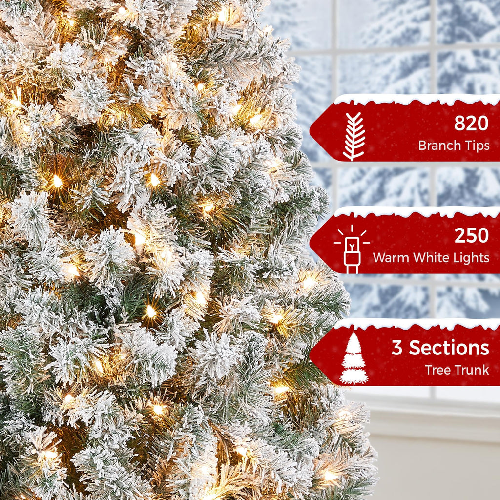 Yaheetech 6ft Pre-lit Artificial Christmas Tree with Incandescent Warm White Lights, Snow Flocked Full Prelighted Xmas Tree W/820 Branch Tips, 250 Incandescent Lights & Foldable Stand, Green & White