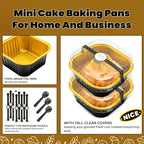 NPLUX 50 Pcs Mini Square Baking Cups with Lids and Spoons Aluminum Foil Mini Cake Pans with Lids Disposable Ramekins Cake Pans Dessert Cups for Wedding Birthday Party(Black Gold,5oz)