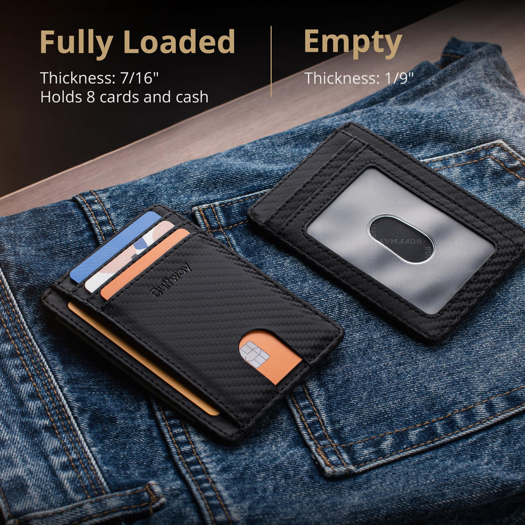 Slim Minimalist Front Pocket RFID Blocking Leather Wallets for Men and Women - Carbon Fiber Black