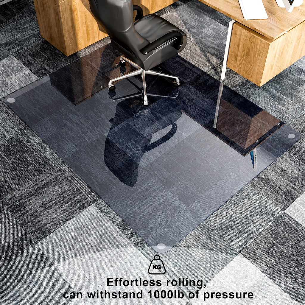GLSLAND Office Chair Mat, 36" x 46" Grey Tempered Glass Floor Mat for Office Chair on Carpet, 1/5" Thick Computer Floor Mat with 4 Anti-Slip Pads