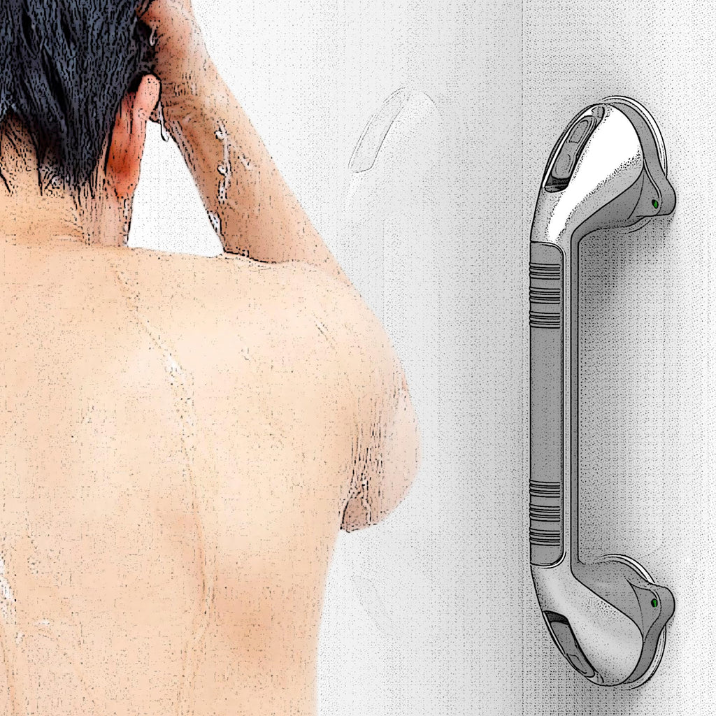 AquaChase 17“ Suction Shower Grab Bar with Indicators, Tool-Free Installation, Steady Handle for Balance Assist for Bathtub, Toilet, Bathroom, Dual Tone, Silver/Gray 2-Pack