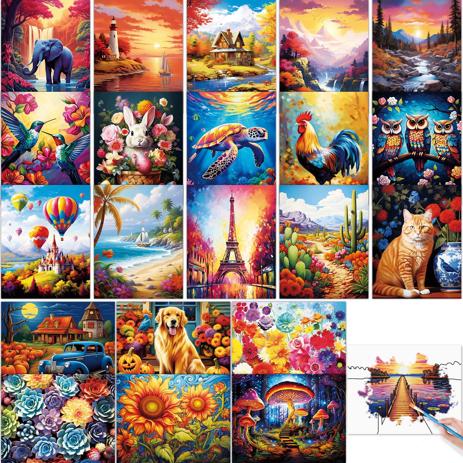 22 Pcs Dementia Products for Elderly Reusable Water Painting Toys Kit Flower Bird Dementia Alzheimer's Activities for Adults Seniors Dementia Toys Water Doodle Coloring Set Drawing Brush Game Gifts