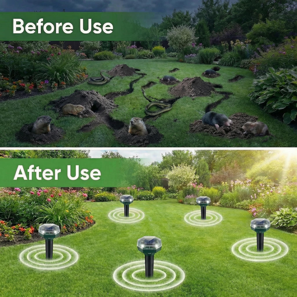 Mole Repellent Solar Powered, 4 Pack Ultrasonic Gopher Repeller, Waterproof Outdoor Pest Repellent for Moles, Gophers, Voles, Skunks in Yard, Lawn, and Garden