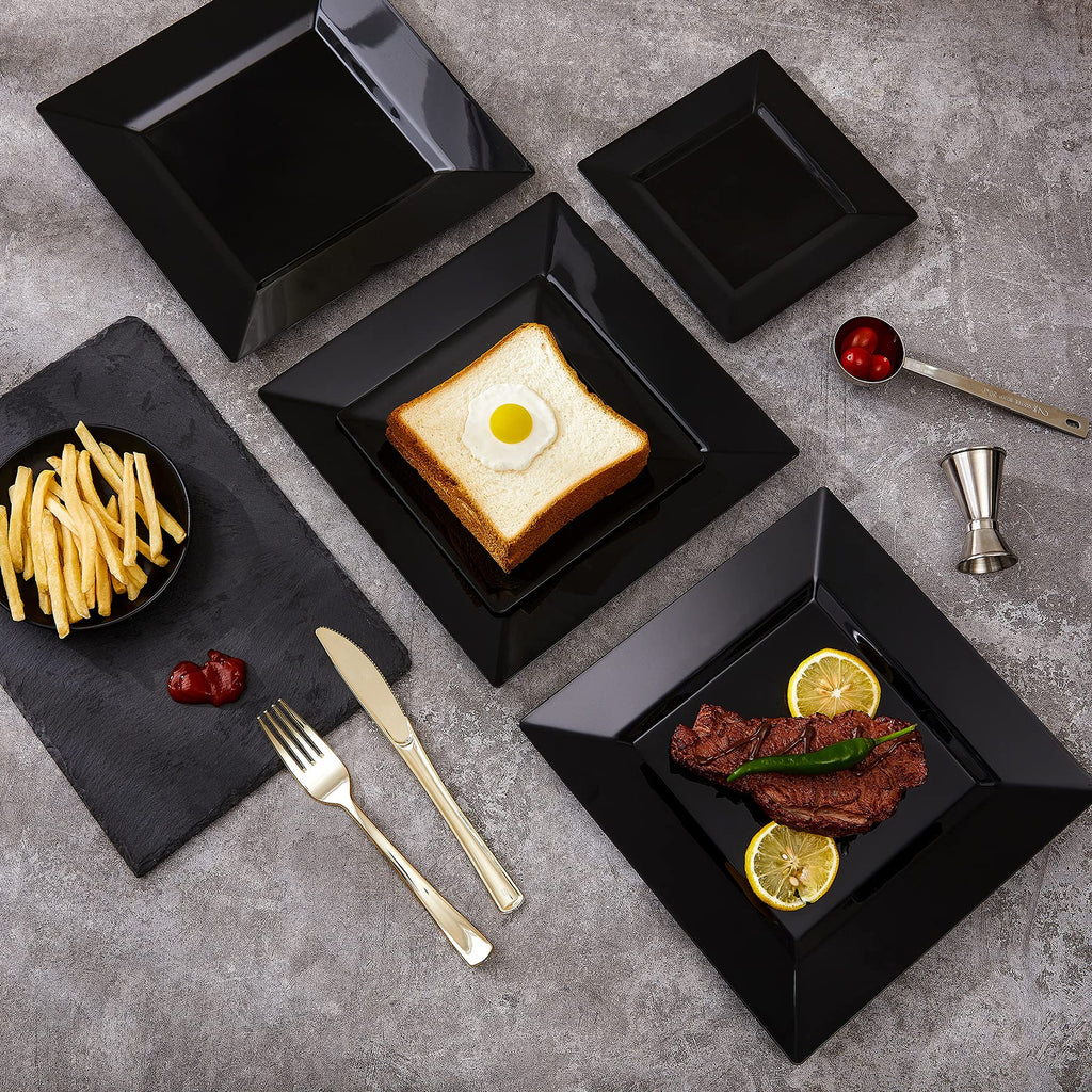 N9R 60 Pack Black Square Plastic Plates (9.5'' Dinner, 6.5'' Dessert/Salad) - Classic, Disposable, BPA Free, Reusable & Recyclable - Great for Parties & Weddings