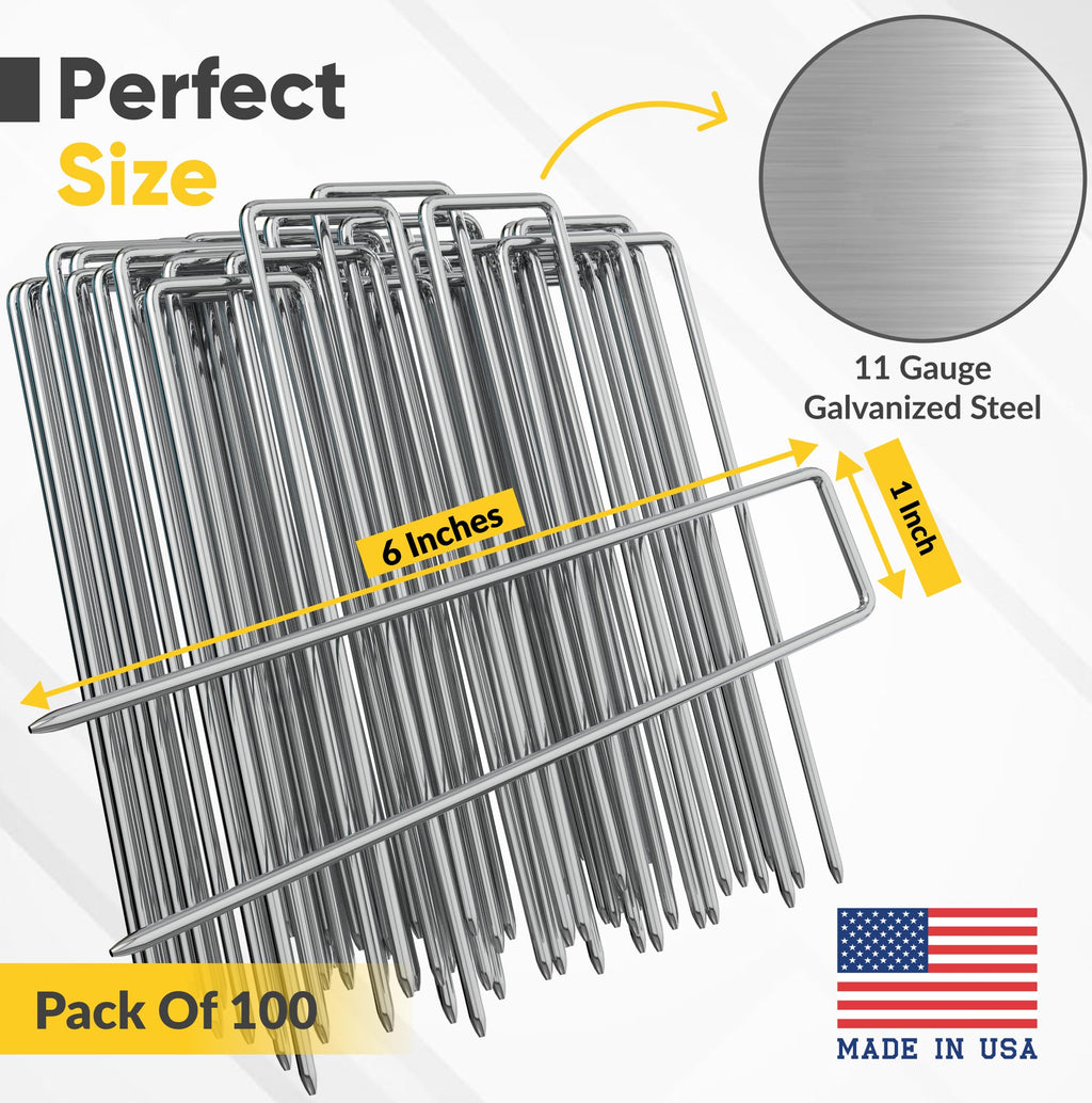 BzBirds USA Made 100 Pack Landscape Staples 6 inch 11 Gauge Garden Stakes Galvanized Landscape Fabric Pins | Metal Stakes for Ground Cover Holding Fence Christmas Decorations Irrigation Tubing