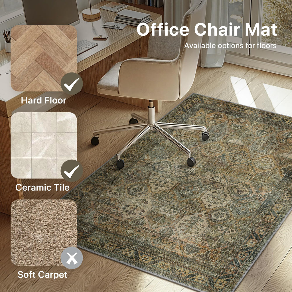 48"x60" Office Chair Mat for Hardwood Tile Floor, Under Desk Carpet Protector for Rolling Computer Chair Mat, Machine Washable Area Rug, Anti-Slip 1/5" Thick Low Pile Thin Vinyl Floor Mat, Sepia