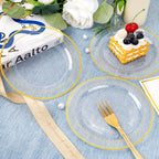 DaYammi 240 Pcs Gold Dessert Plates Set Includes 120 Gold Disposable Salad Plates 6.5" 120 Gold Plastic Forks 5.7",Clear Gold Rim Cake Plates,Fancy Gold Appetizer Plates for Party and Wedding