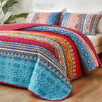 WONGS BEDDING Boho Quilt Set Queen Size, Bohemian Stripe 3 Pieces Christmas Quilts Bedspread Set Lightweight Microfiber All Season Bedding Coverlet Set for Queen Bed (96"x90")