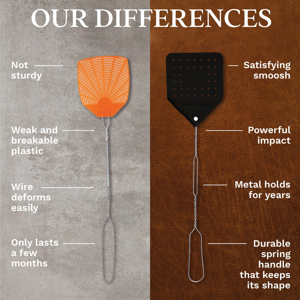 Hope Woodworking Leather Fly Swatter Set (2 Pack) – 17” Amish-Made Fly Swat w/Real Leather Paddle – Fly Swatters Multi Pack w/Metal Handle – Bug Swatter, Mosquito Swatter, Wasp Swatter (Black)