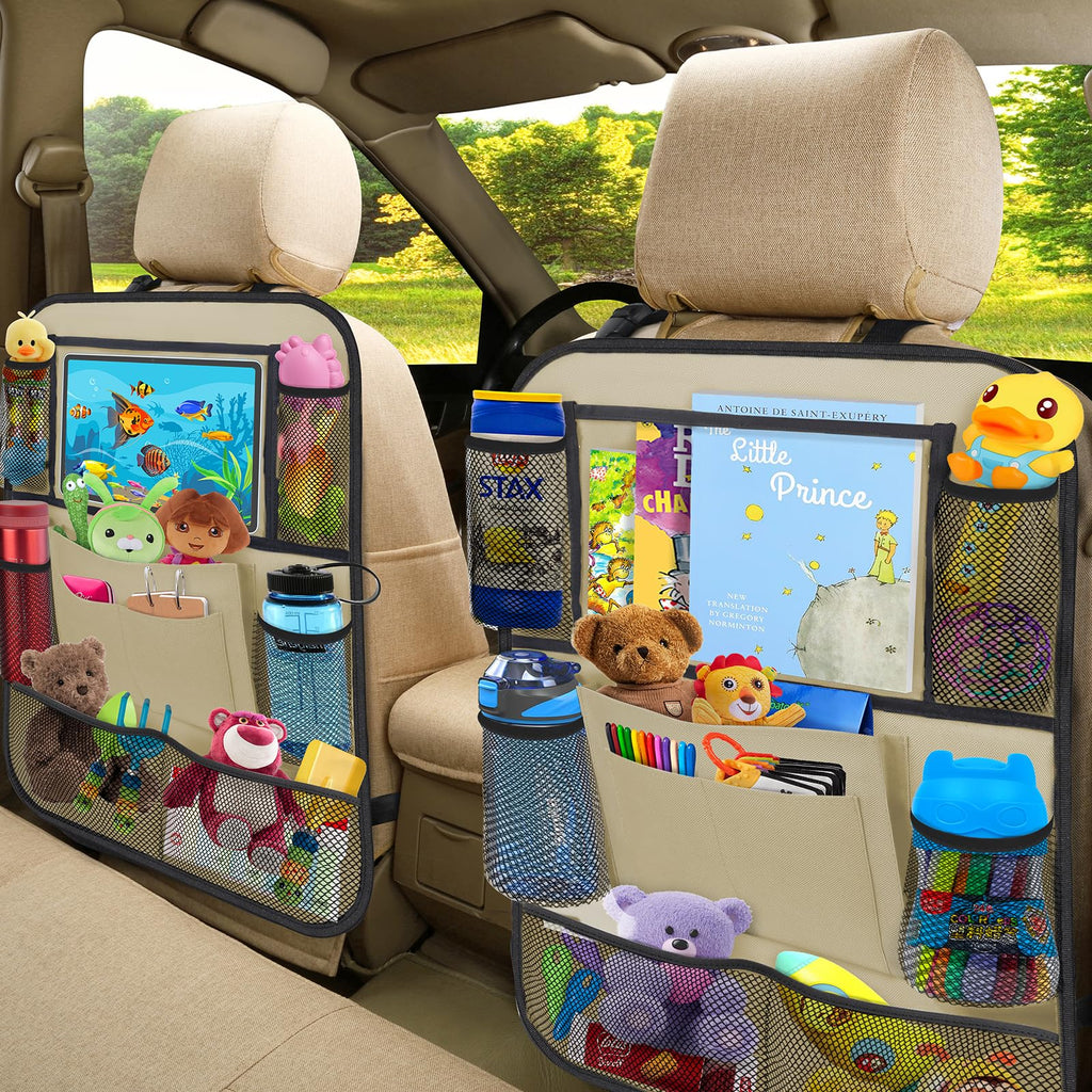 ULEEKA Car Backseat Organizer with 11" Table Holder, 10 Storage Pockets Seat Back Protectors Kick Mats for Kids Toddlers, Travel Accessories, 2 Pack, Beige