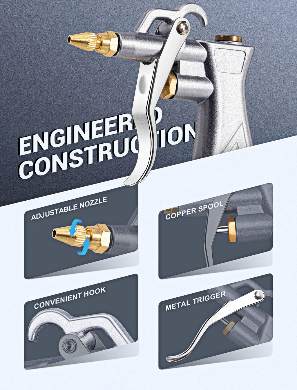 Industrial Air Blow Gun with Brass Adjustable Air Flow Nozzle and 2 Steel Extension, Pneumatic Air Compressor Accessory Tool Dust Cleaning and Blower Gun