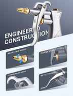 Industrial Air Blow Gun with Brass Adjustable Air Flow Nozzle and 2 Steel Extension, Pneumatic Air Compressor Accessory Tool Dust Cleaning and Blower Gun
