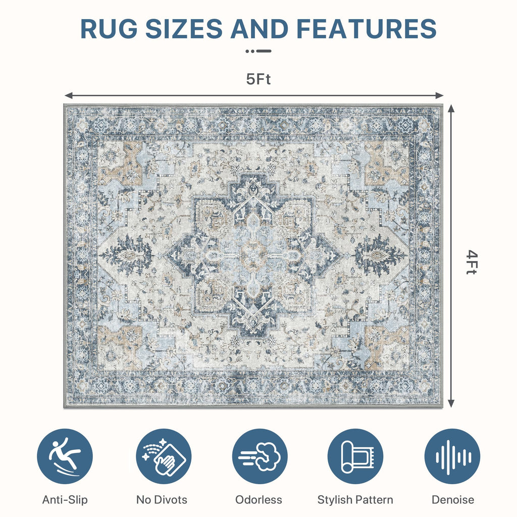 48"x60" Office Chair Mat for Hardwood Tile Floor, Under Desk Carpet Protector for Rolling Computer Chair Mat, Machine Washable Area Rug, Anti-Slip 1/5" Thick Low Pile Thin Vinyl Floor Mat, Blue