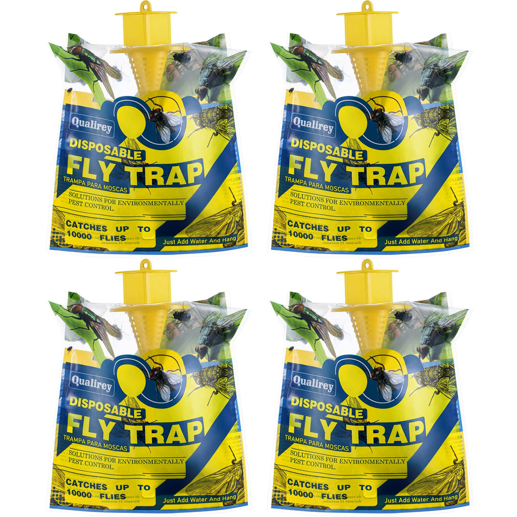 Qualirey 4 Pack Fly Traps Outdoor Hanging, Disposable Fly Killer Trap Bag Catcher for Outside Farms, Pastures, Chicken Coops, Stables, Barns, Horse, Garbage Cans, Garbage Ponds, Yard, Backyard, Patio