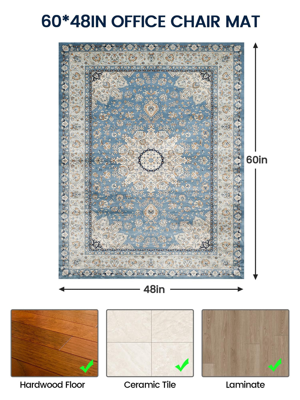 PROHALO Office Chair Mat for Hardwood Floor - 48"x60" Non Slip Under Desk Mat - Blue