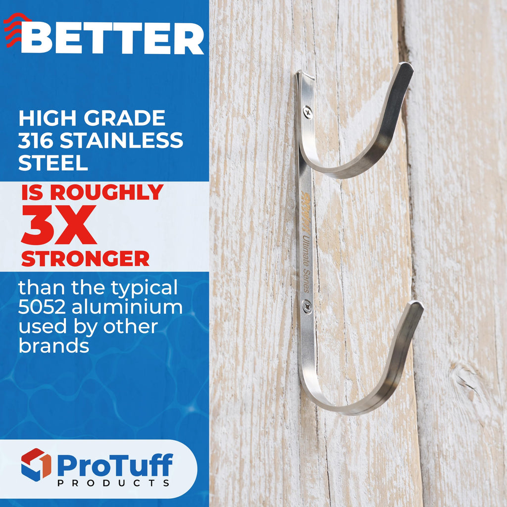 ProTuff Pool Pole Hanger Set – 2 Pack – Unconditional 490 Promise – 3X Stronger Stainless Steel Hooks – Rust-Proof, UV-Resistant, Easy Install on Fence, Wall, Deck for Poles, Nets & Skimmers