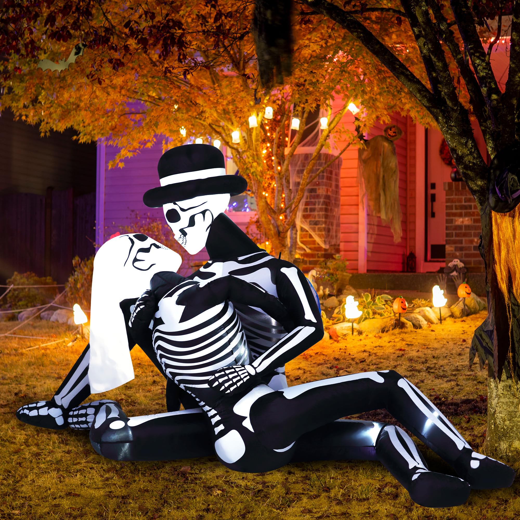 Funflatable 8.5 FT Giant Halloween Inflatables Cuddling Skeleton Couple Lovers Outdoor Decorations, Halloween Blow Up Yard Decorations with Built-in LED Lights for Yard Lawn Garden Decor