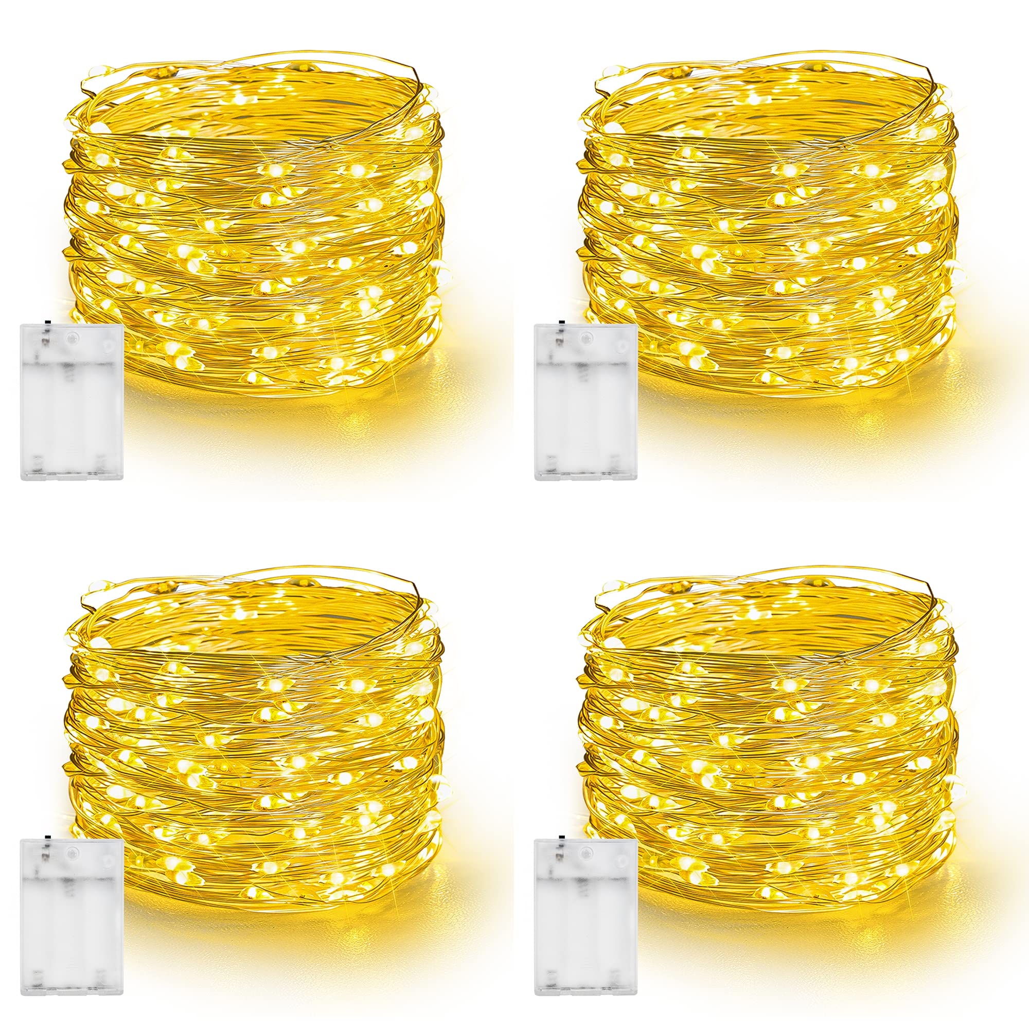 Dazzle Bright Fairy Lights Battery Operated, 4 Pack Total 80FT 240LED Silver Wire Waterproof String Lights, Christmas Decorations for Indoor Outdoor Bedroom Yard Party Decor, Warm White