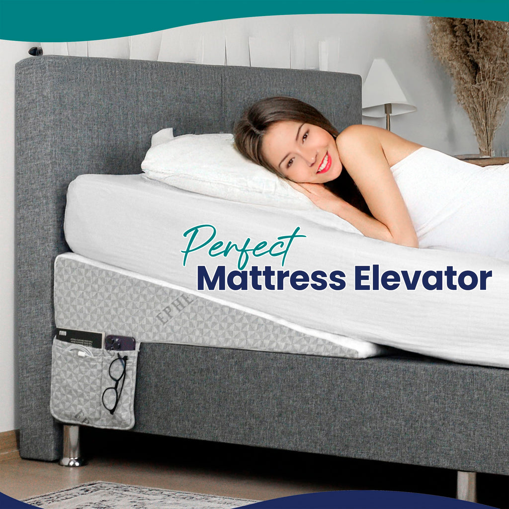 Under Mattress Wedge for Acid Reflux, Queen Size Bed Wedge, Under Support & Mattress Riser, Memory Foam Top 7.5-Inch Head Riser Incline Topper, Non-Slip Bottom & Side Storage Pockets