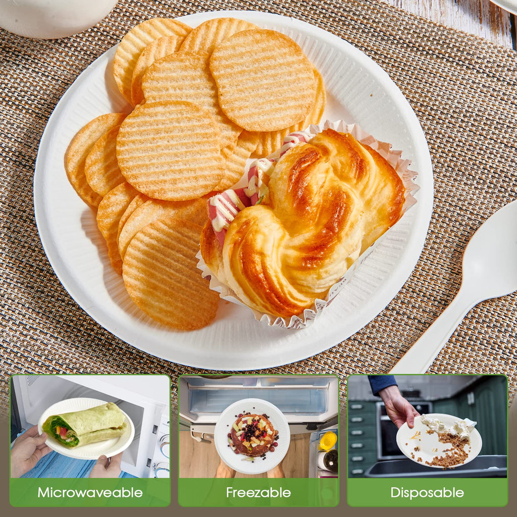 Vplus 100% Compostable Paper Plates, 200 Pack 7 Inch Disposable Paper Plates, Uncoated Biodegradable Plates Made of Sugar Cane Fibers, Perfect for Sandwich, Cake, and Snack
