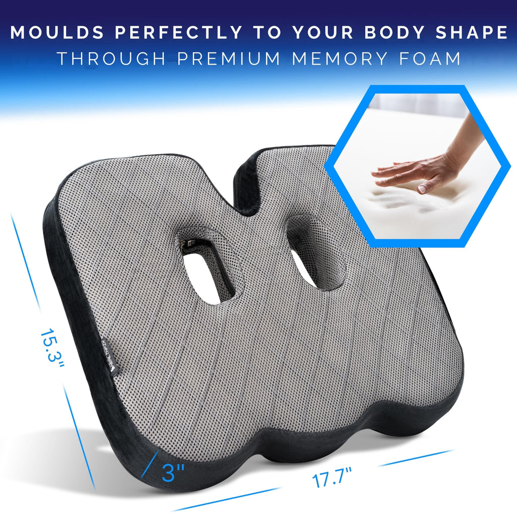 Healthfix® Memory Foam Seat Cushion for Office Chair & Car – Orthopedic Coccyx Pillow for Tailbone & Sciatica Pain Relief – Premium Comfort Chair Pad with Washable Cover and Non-Slip Bottom
