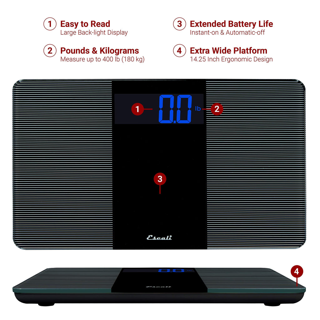 Escali Extra Wide Digital Bathroom Scale for Body Weight with Wide Platform for Natural Stance and Stability, High Capacity of 400 lb, Batteries Included
