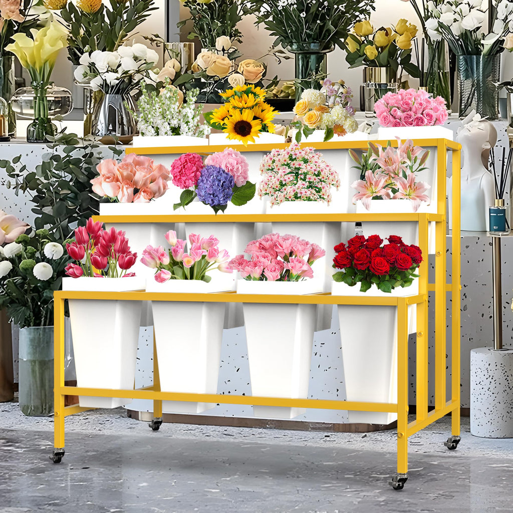VGMiu Flower Display Stand with 12 Buckets, Flower Cart 3 Layers Gold Metal Flower Bar Stand with Wheels, Moving Florist Bouquet Shelf for Weddings Florist Indoor Outdoor Patio Garden Living Room