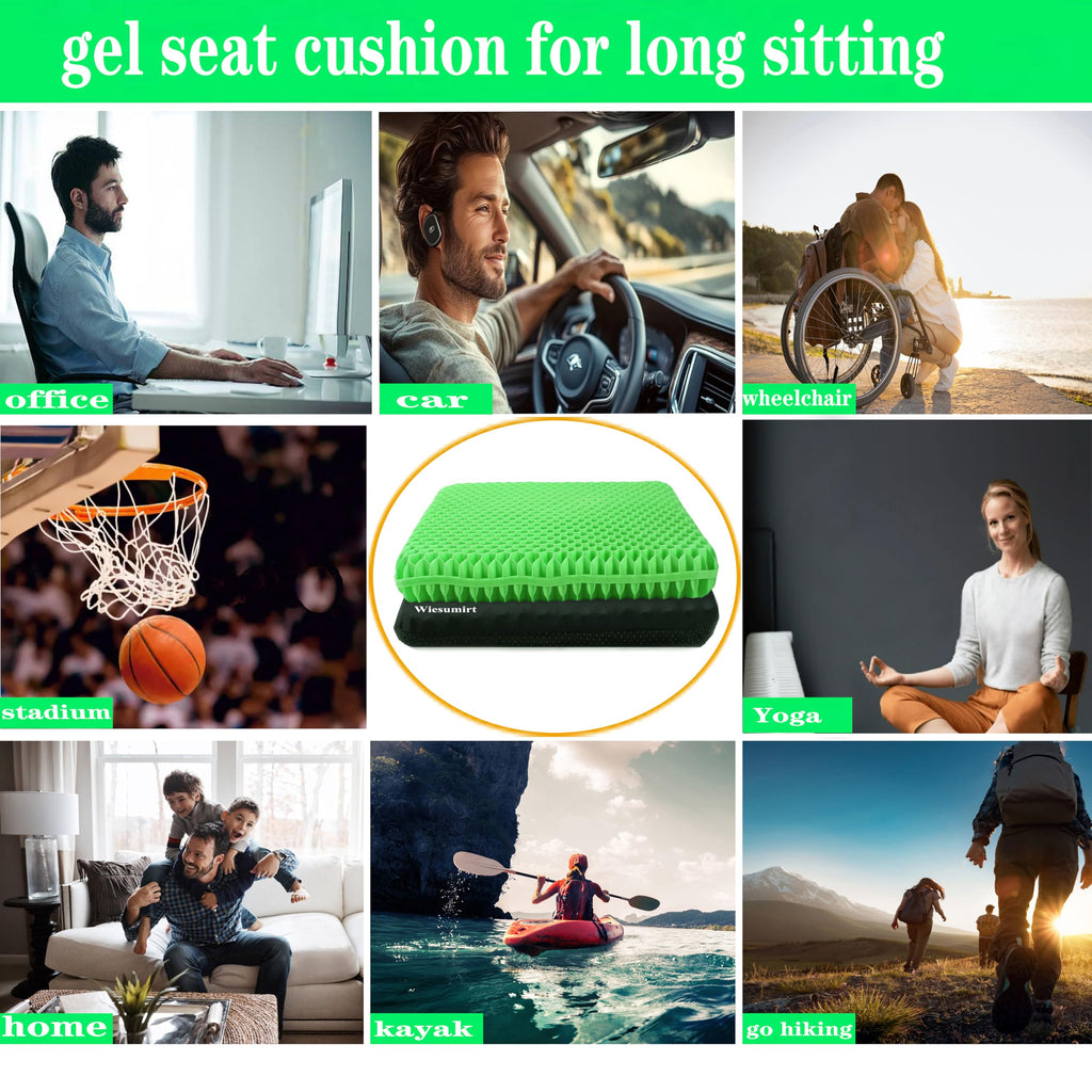 Plus Size Gel Seat Cushion for Long Sitting, Extra Large and Thick Seat Cushion, Back, Hip, Sciatica, Tailbone Pain Relief Cushion for Office Chairs, Wheelchairs, Cars, Stadium. (Grass Green)