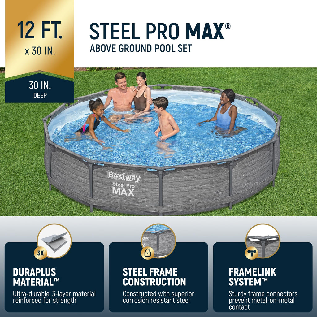 Bestway Steel Pro MAX 12' x 30" Above Ground Pool, Round Metal Frame Outdoor Swimming Pool Set with Filter Pump, Stacked Stone Print