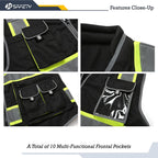 JKSafety 10 Pockets Hi-Vis Zipper Front Black Safety Vest | Cushioned Collar | High Reflective Tapes with Extended Neon Yellow Strips | Meets ANSI/ISEA Standards (Large, 89-Black)