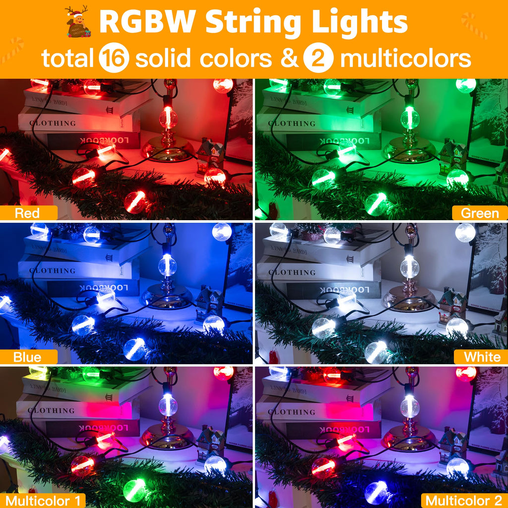 Ollny Christmas Lights Outdoor 30FT RGBW, Color Changing String Light with 20 Edison + 1 Spare G40 LED Bulbs, Plug in Remote Waterproof Connectable Timers Patio Lights for House Indoor Outside