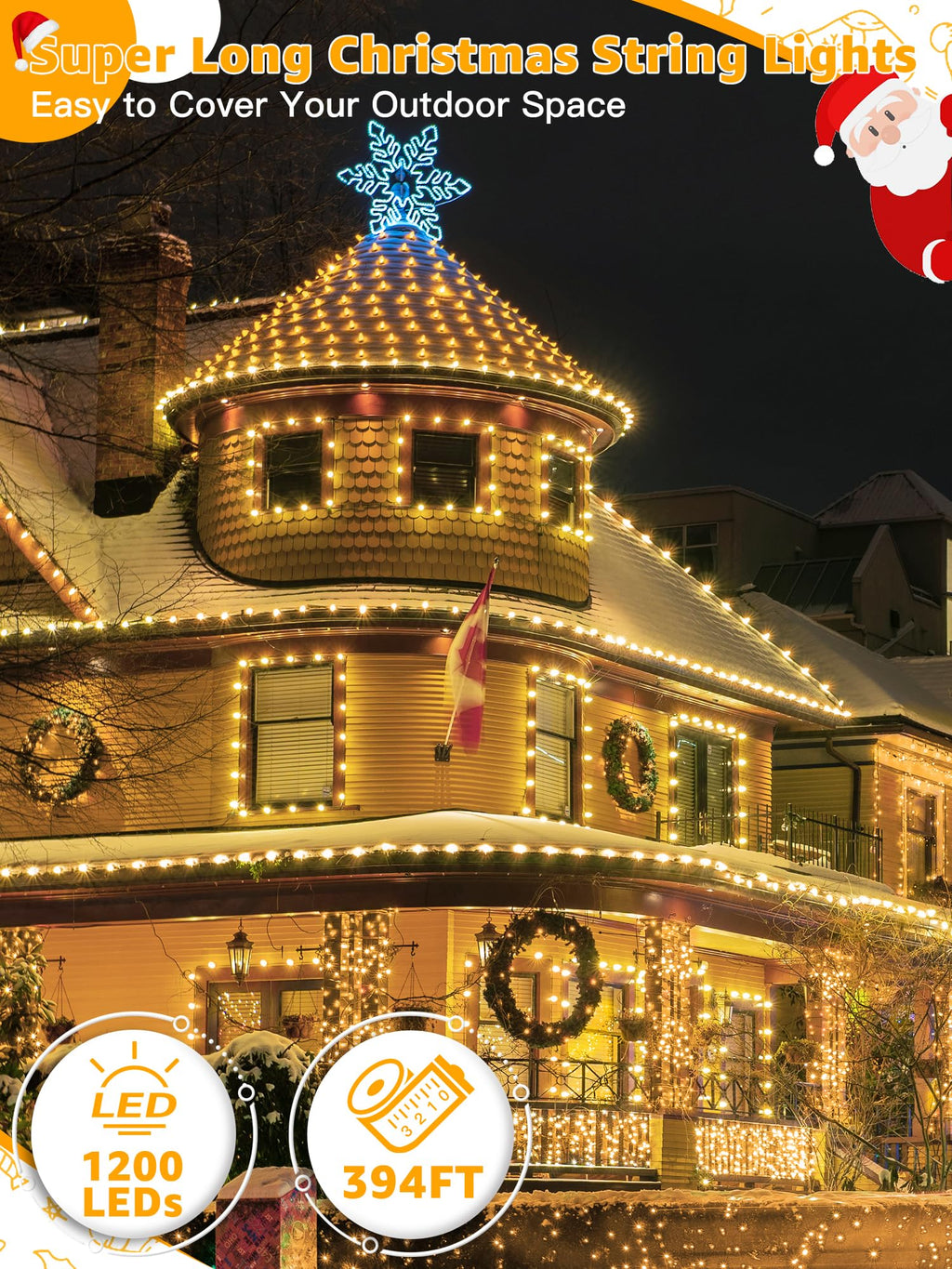BrightChristmas Christmas Lights 1200 LED 394 FT, Waterproof Outdoor String Lights with Remote and Timer, Christmas Tree Lights with 8 Modes Dimmable, Fairy Lights for Holiday Decor (Warm White)