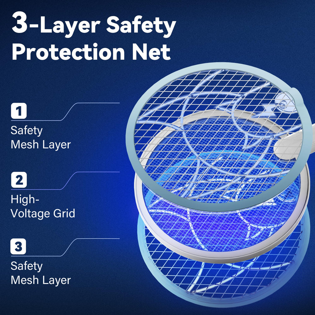 Nymrix Electric Fly Swatter Racket, 2 in 1 Mosquito Bug Zapper 4100V Handheld Mosquito Killer with 1800 mAh Rechargeable Battery, Purple Lightand 3-Layer Safety Mesh for Indoor Outdoor Blue Two-Pack