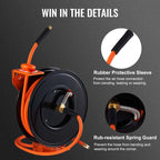 VEVOR Retractable Air Hose Reel, 3/8 IN x 50 FT Hybrid Air Hose Max 300PSI, Air Compressor Hose Reel with 5 ft Lead in, Ceiling/Wall Mount Heavy Duty Single Arm Steel Reel