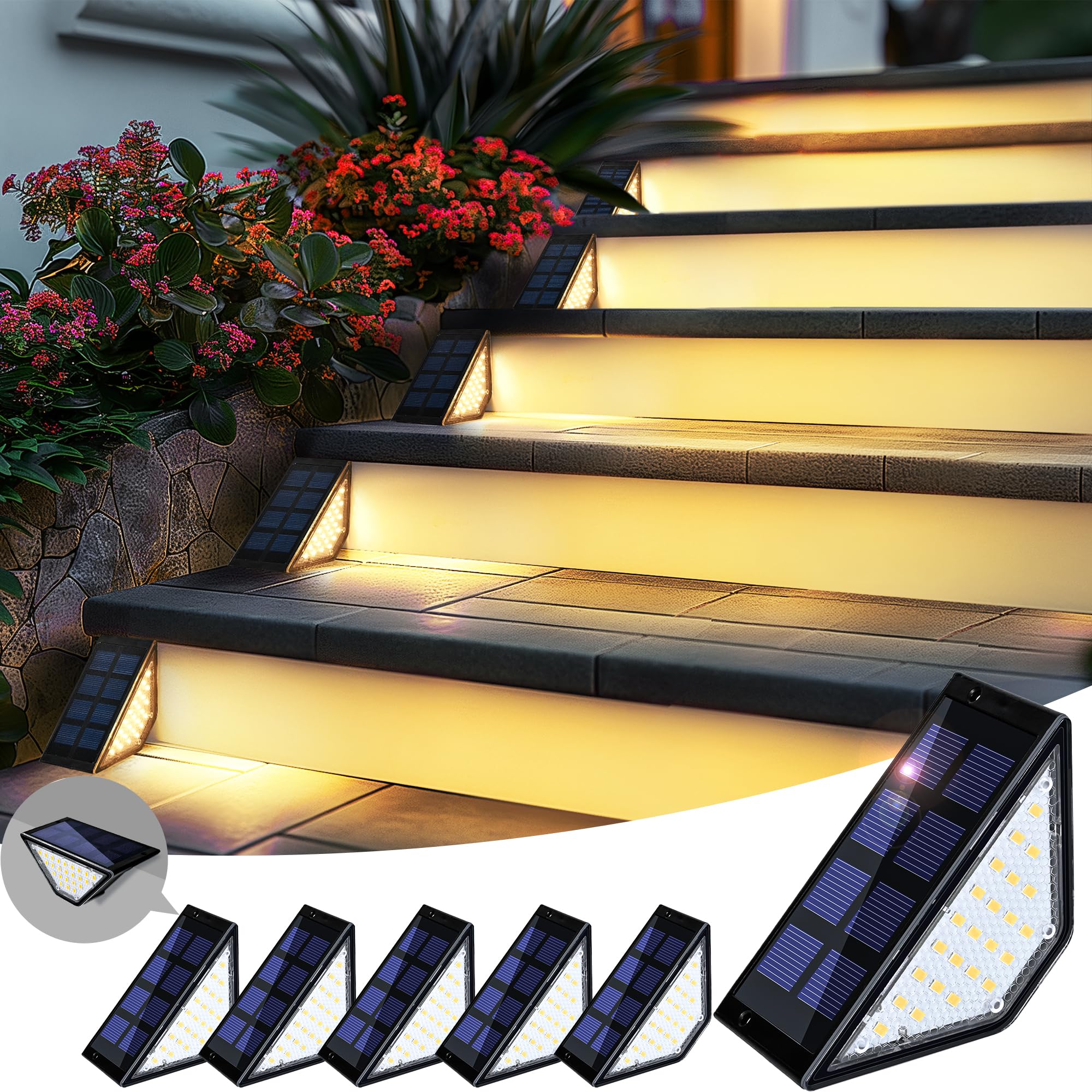 PATIOWIN 6 Pack Solar Step Lights for Outside, 24 LEDs Solar Stair Lights Waterproof IP65, Solar Deck Lights Outdoor Decor for Garden, Porch, Pathway, Patio, Fence, Balcony(Warm White)