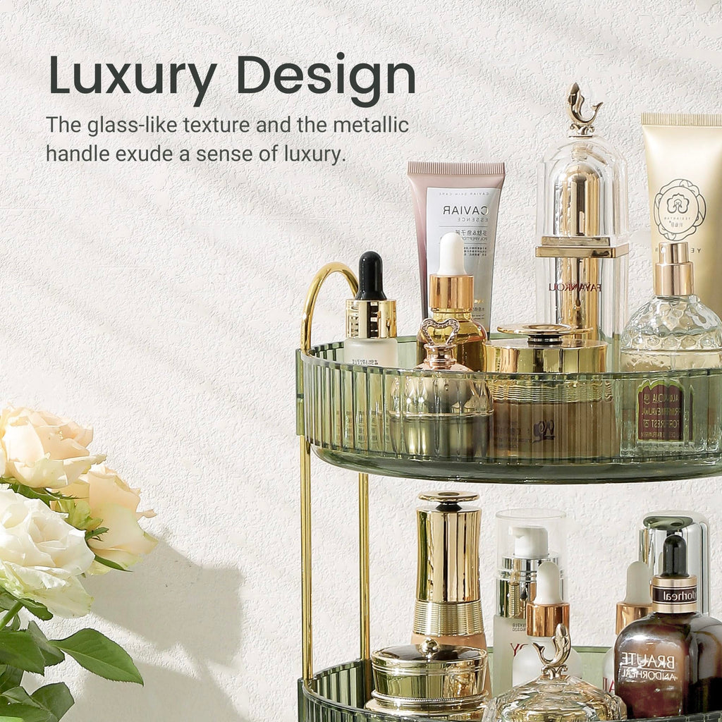 Rotating Makeup Organizer for Vanity, Skin Care Perfume Organizers Large Capacity, Bathroom Counter Organizer for Make Up Cosmetic Lipstick, Clear Spinning Organizer Perfume Holder (3 Tiers, Green)