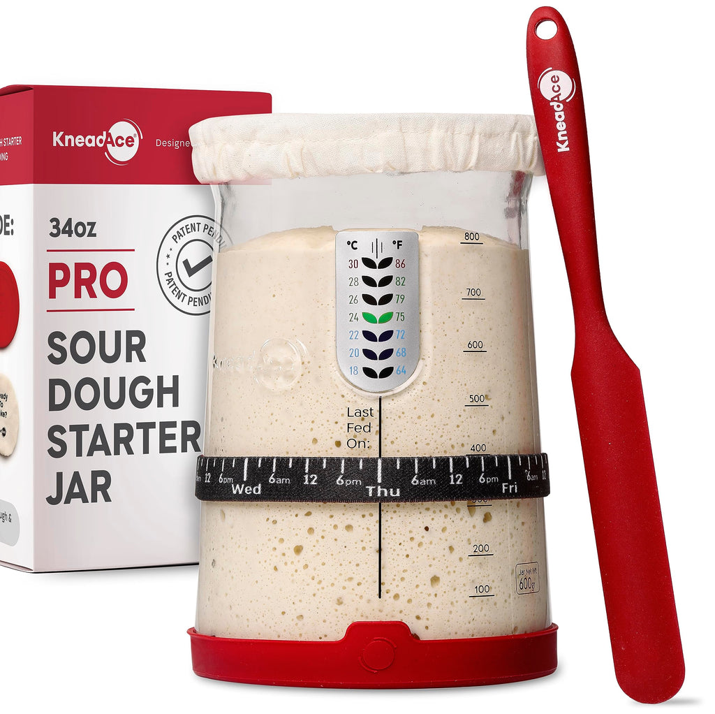 KneadAce Pro Sourdough Bread Starter Kit- 34 oz Large Capacity Sourdough Starter Jar with 5 unique features for the perfect sour dough bread & sourdough starter kit- sourdough bread baking supplies