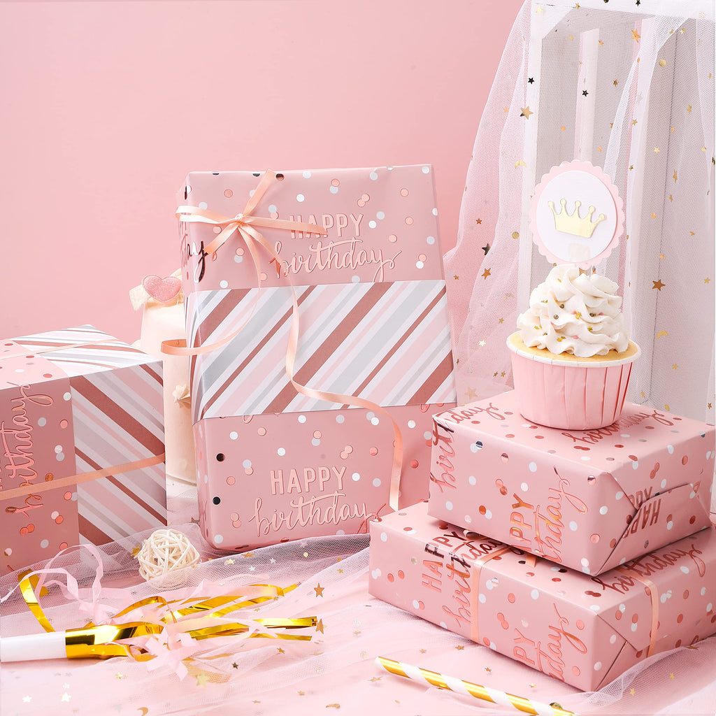 LeZakaa Reversible Birthday Wrapping Paper Roll - Happy Birthday Lettering & Stripe Design with Metallic Foil in Pink - 17 inches x 32.8 Feet (46.45 sq.ft.)