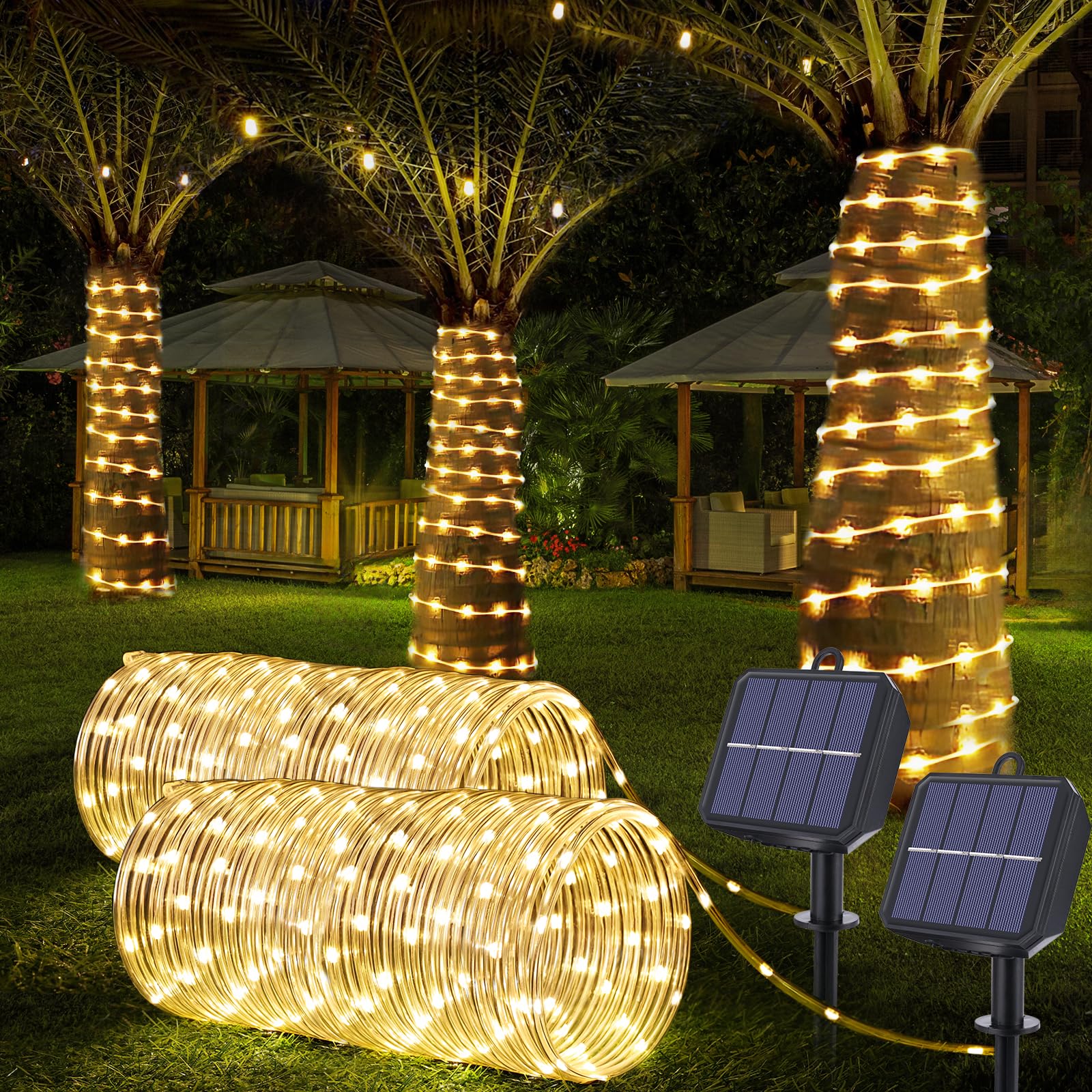 Solar Rope Lights, 2 Pack Total 66ft 200LED Solar String Lights, 8 Modes Waterproof Solar Outdoor Light, Flexible Clear Trampoline Light for Garden Yard Patio Deck Porch Pool Tree Decor - Warm White