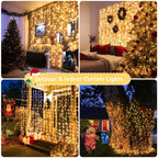 JMEXSUSS 900LED Outdoor Christmas Curtain Lights, 9.5x29.5ft Christmas Lights Plug in with Remote, Indoor Christmas Hanging String Lights for Bedroom Wedding Backdrop Wall Xmas Decor, Warm White
