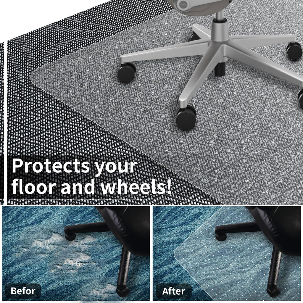 Office Chair Mat for Carpeted Floor, 63"x51" Clear Desk Chair Mat for Carpet Large Protector Floor Mat On Low Pile Carpets, Easy Glide Rolling Plastic Floor Mat, Computer Chair Mat for Home Office